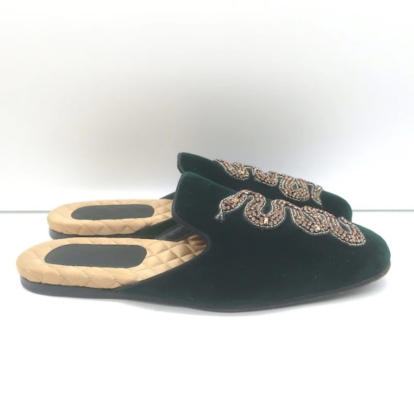 GUCCI LAWRENCE CRYSTAL SNAKE-EMBELLISHED SLIPPER MULES EMERALD VELVET SIZE 7 - Picture 4 of 6